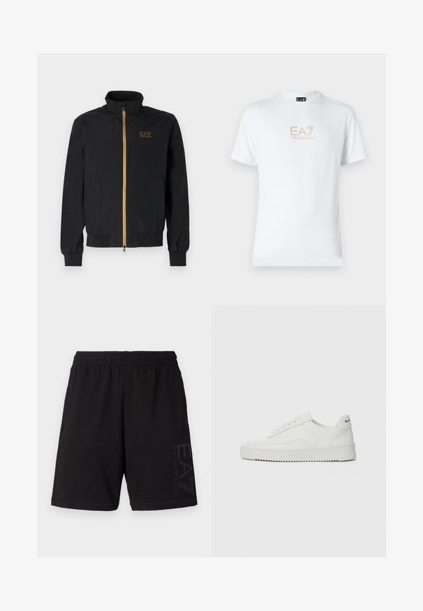 Čierna bomber bunda vyrobená z hladkej látky. Má vysoký golier, zlatý zips a logo EA7 na ľavej hrudi. Elastické manžety a lem.; Biela bavlnená tričko s okrúhlym výstrihom a krátkymi rukávmi, na prednej strane s potlačou zlatého loga EA7 Emporio Armani.; Čierne športové šortky vyrobené z bavlneného zmesi, s elastickým pásom a veľkým tónovým logom potlačeným na ľavej strane.; Biele kožené tenisky s hladkým povrchom, okrúly špičkový dizajn, ploché šnúrky a textúrovaná podrážka. Obsahujú jemné logo na päte.