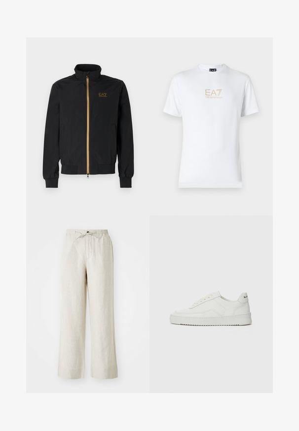 Black bomber jacket made from smooth fabric. Features a high collar, gold zipper, and EA7 logo on the left chest. Elastic cuffs and hem.; White cotton t-shirt featuring a round neckline and short sleeves, with a gold EA7 Emporio Armani logo printed on the front.; Linen pants in a light beige color, featuring a loose fit, elastic waistband with drawstring, and side pockets for convenience.; White leather sneaker with a smooth finish, round toe, flat laces, and a textured sole. Features a subtle logo on the heel.