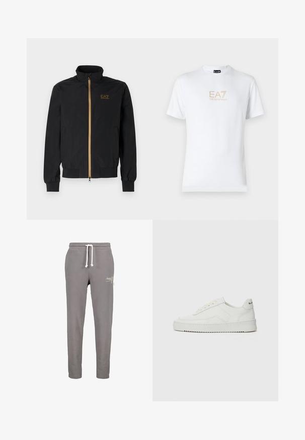 Schwarze Bomberjacke aus glattem Stoff. Verfügt über einen hohen Kragen, einen goldenen Reißverschluss und ein EA7-Logo auf der linken Brust. Elastische Bündchen und Saum.; Weißes Baumwoll-T-Shirt mit Rundhalsausschnitt und kurzen Ärmeln, mit einem goldenen EA7 Emporio Armani-Logo auf der Vorderseite.; Graue Jogginghose mit elastischem Bund, verstellbarem Kordelzug und Seitentaschen. Verfügt über dezente weiße Logo-Stickerei auf der Vorderseite.; Weiße Ledersneaker mit glatter Oberfläche, runder Zehenpartie, flachen Schnürsenkeln und strukturiertem Sohlenprofil. Mit einem dezenten Logo an der Ferse.