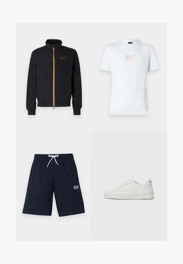 Čierna bomber bunda vyrobená z hladkej látky. Má vysoký golier, zlatý zips a logo EA7 na ľavej hrudi. Elastické manžety a lem.; Biela bavlnená tričko s okrúhlym výstrihom a krátkymi rukávmi, na prednej strane s potlačou zlatého loga EA7 Emporio Armani.; Námornícke modré šortky vyrobené z jemnej látky s elastickým pásom a bielym šnúrkovým uťahovaním. Na dolnej ľavej strane majú malé biele logo.; Biele kožené tenisky s hladkým povrchom, okrúly špičkový dizajn, ploché šnúrky a textúrovaná podrážka. Obsahujú jemné logo na päte.
