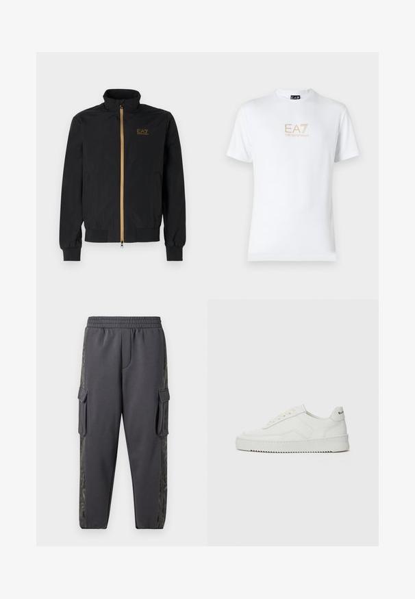 Črna bomber jakna iz gladkega materiala. Ima visok ovratnik, zlat zadrgo in logotip EA7 na levi prsni strani. Elastični manšeti in spodnji rob.; Bela bombažna majica s krožnim izrezom in kratkimi rokavi, s pozlačenim logotipom EA7 Emporio Armani natisnjenim spredaj.; Sive hlače za tek, izdelane iz mehkega materiala, z dodanimi cargo žepi in vzorčnim stranskim panelom za dodatne detajle. Vključena elastična pas.; Bela usnjena športna obutev z gladko površino, okroglo prst, ravne vezalke in teksturiran podplat. Ima diskretno logo na peti.