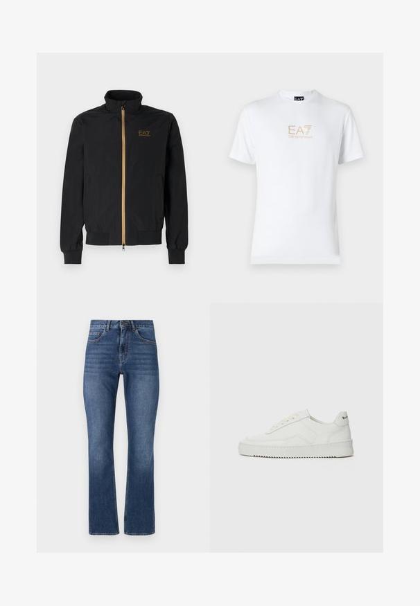 Čierna bomber bunda vyrobená z hladkej látky. Má vysoký golier, zlatý zips a logo EA7 na ľavej hrudi. Elastické manžety a lem.; Biela bavlnená tričko s okrúhlym výstrihom a krátkymi rukávmi, na prednej strane s potlačou zlatého loga EA7 Emporio Armani.; Modré džínsy so strihom rovného nohu, ktoré majú klasické vrecká a prešité pásiky, s medzlím praním a jemným zjemnením.; Biele kožené tenisky s hladkým povrchom, okrúly špičkový dizajn, ploché šnúrky a textúrovaná podrážka. Obsahujú jemné logo na päte.