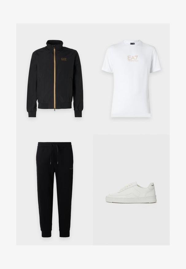 Sort bomberjakke lavet af glat stof. Har en høj krave, guld lynlås og EA7-logo på venstre bryst. Elastiske manchetter og kant.; Hvid bomulds t-shirt med rund halsudskæring og korte ærmer, prydet med et gold EA7 Emporio Armani logo trykt på forsiden.; Sorte joggingbukser lavet af bomuldsblanding, med elastisk talje med snor, ribbede ankler og et diskret logo-print på siden.; Hvide lædersneakers med en glat overflade, rund tå, flade snørebånd og en tekstureret sål. Har et diskret logo på hælen.