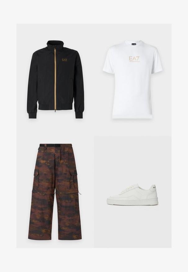 Črna bomber jakna iz gladkega materiala. Ima visok ovratnik, zlat zadrgo in logotip EA7 na levi prsni strani. Elastični manšeti in spodnji rob.; Bela bombažna majica s krožnim izrezom in kratkimi rokavi, s pozlačenim logotipom EA7 Emporio Armani natisnjenim spredaj.; Cargo hlače iz rjave, teksturirane tkanine s postopoma zbledelim, abstraktnim vzorcem. Imajo široke hlačnice, elastičen pas in več žepov.; Bela usnjena športna obutev z gladko površino, okroglo prst, ravne vezalke in teksturiran podplat. Ima diskretno logo na peti.