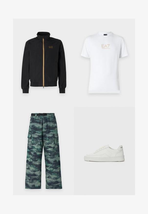 Čierna bomber bunda vyrobená z hladkej látky. Má vysoký golier, zlatý zips a logo EA7 na ľavej hrudi. Elastické manžety a lem.; Biela bavlnená tričko s okrúhlym výstrihom a krátkymi rukávmi, na prednej strane s potlačou zlatého loga EA7 Emporio Armani.; Kargo nohavice v maskáčovom vzore so tmavozelenými, teal a čiernymi odtieňmi. Široký strih s bočnými vreckami a opaskom v páse.; Biele kožené tenisky s hladkým povrchom, okrúly špičkový dizajn, ploché šnúrky a textúrovaná podrážka. Obsahujú jemné logo na päte.