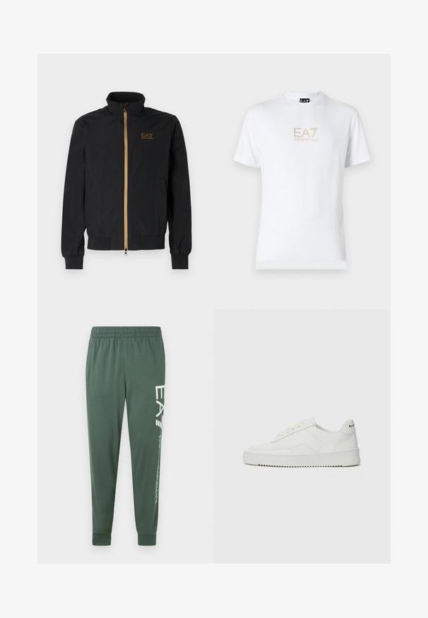 Chaqueta bomber negra hecha de una tela suave. Presenta un cuello alto, cremallera dorada y el logo de EA7 en el lado izquierdo del pecho. Puños y dobladillo elásticos.; Camiseta blanca de algodón con escote redondo y mangas cortas, con un logo dorado de EA7 Emporio Armani impreso en el frente.; Pantalones deportivos verdes con cinturilla elástica, forma cónica y detalle de logo blanco a lo largo de la pierna izquierda; tela lisa y ligera.; Zapatilla de cuero blanca con un acabado suave, puntera redonda, cordones planos y suela texturizada. Cuenta con un sutil logo en el talón.
