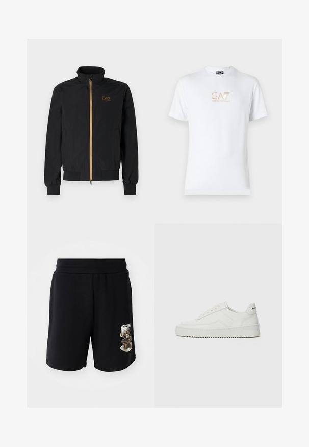 Fekete bomber dzseki sima szövetből. Magas gallérral, arany cipzárral és az EA7 logóval a bal mellen. Rugalmas mandzsetták és alj.; Fehér pamut póló, kerek nyakkivágással és rövid ujjakkal, az elején arany EA7 Emporio Armani logóval nyomtatva.; Fekete pamut rövidnadrág elasztikus derékrésszel, bal lábon medve grafikával és "Moschino" felirattal. Simító textúra, térdhosszú kialakítás.; Fehér bőr sportcipő sima felülettel, kerek orral, lapos fűzőkkel és texturált talppal. Finom logó található a sarokon.