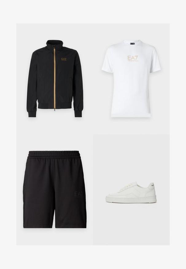 Čierna bomber bunda vyrobená z hladkej látky. Má vysoký golier, zlatý zips a logo EA7 na ľavej hrudi. Elastické manžety a lem.; Biela bavlnená tričko s okrúhlym výstrihom a krátkymi rukávmi, na prednej strane s potlačou zlatého loga EA7 Emporio Armani.; Čierne športové šortky vyrobené z ľahkej tkaniny, s elastickým pásom a bočnými panelmi z jemnej sieťoviny. Na prednej strane je potlačené logo značky.; Biele kožené tenisky s hladkým povrchom, okrúly špičkový dizajn, ploché šnúrky a textúrovaná podrážka. Obsahujú jemné logo na päte.