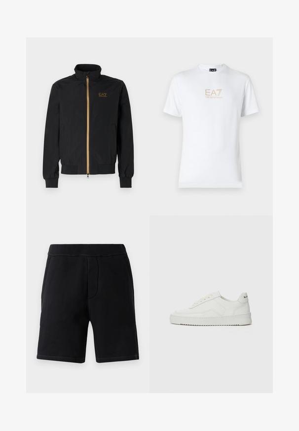 Črna bomber jakna iz gladkega materiala. Ima visok ovratnik, zlat zadrgo in logotip EA7 na levi prsni strani. Elastični manšeti in spodnji rob.; Bela bombažna majica s krožnim izrezom in kratkimi rokavi, s pozlačenim logotipom EA7 Emporio Armani natisnjenim spredaj.; Črne športne kratke hlače iz mehkega materiala; imajo elastičen pas, dve stranski žepi in kontrastno šivanje.; Bela usnjena športna obutev z gladko površino, okroglo prst, ravne vezalke in teksturiran podplat. Ima diskretno logo na peti.