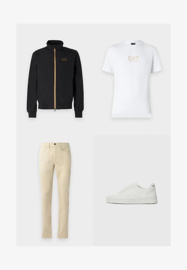 Black bomber jacket made from smooth fabric. Features a high collar, gold zipper, and EA7 logo on the left chest. Elastic cuffs and hem.; White cotton t-shirt featuring a round neckline and short sleeves, with a gold EA7 Emporio Armani logo printed on the front.; Beige straight-leg trousers made from cotton blend. Features five-pocket design, belt loops, and a black button fastening at the waist.; White leather sneaker with a smooth finish, round toe, flat laces, and a textured sole. Features a subtle logo on the heel.