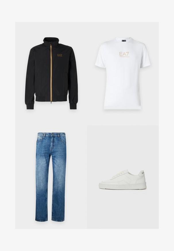 Čierna bomber bunda vyrobená z hladkej látky. Má vysoký golier, zlatý zips a logo EA7 na ľavej hrudi. Elastické manžety a lem.; Biela bavlnená tričko s okrúhlym výstrihom a krátkymi rukávmi, na prednej strane s potlačou zlatého loga EA7 Emporio Armani.; Modré denimové džínsy so strašným strihom, obsahujúce päť vreciek, pútka na opasok a jemné vyblednutie po celej látke.; Biele kožené tenisky s hladkým povrchom, okrúly špičkový dizajn, ploché šnúrky a textúrovaná podrážka. Obsahujú jemné logo na päte.