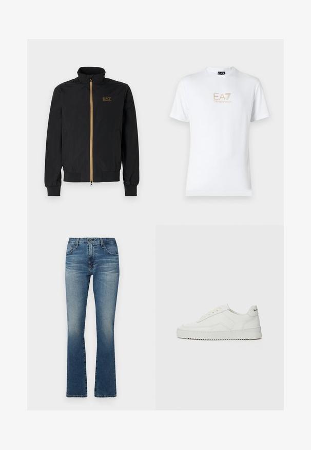 Black bomber jacket made from smooth fabric. Features a high collar, gold zipper, and EA7 logo on the left chest. Elastic cuffs and hem.; White cotton t-shirt featuring a round neckline and short sleeves, with a gold EA7 Emporio Armani logo printed on the front.; Denim flared jeans in medium blue with a faded finish, featuring a classic five-pocket design and metal hardware accents.; White leather sneaker with a smooth finish, round toe, flat laces, and a textured sole. Features a subtle logo on the heel.