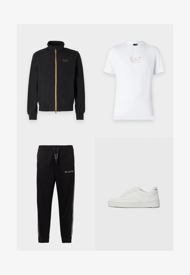 Sort bomberjakke lavet af glat stof. Har en høj krave, guld lynlås og EA7-logo på venstre bryst. Elastiske manchetter og kant.; Hvid bomulds t-shirt med rund halsudskæring og korte ærmer, prydet med et gold EA7 Emporio Armani logo trykt på forsiden.; Sorte sweatpants lavet af en bomuldsblanding, med en ribbet talje, hvide sidelister og logobroderi på den venstre lår.; Hvide lædersneakers med en glat overflade, rund tå, flade snørebånd og en tekstureret sål. Har et diskret logo på hælen.