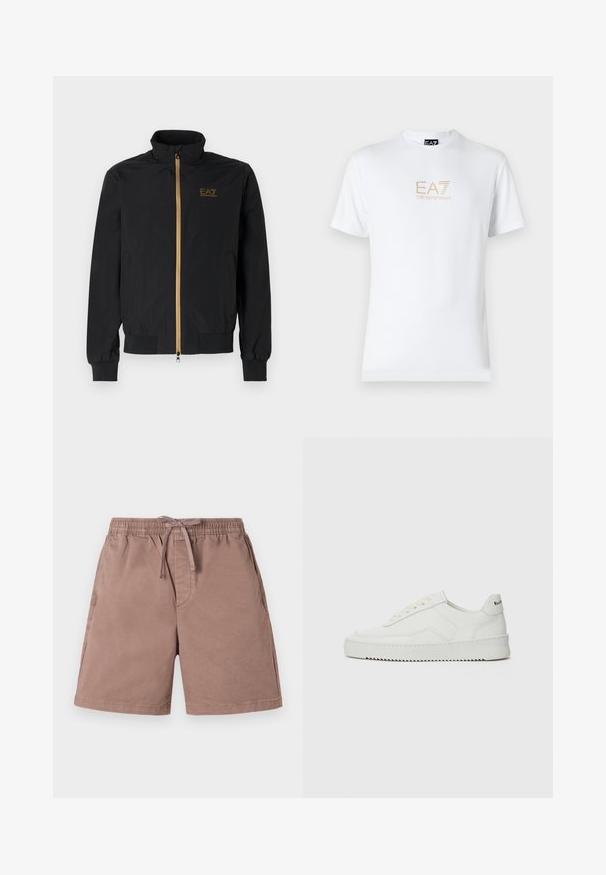 Czarna kurtka bomberka wykonana z gładkiego materiału. Ma wysoki kołnierz, złoty zamek błyskawiczny oraz logo EA7 na lewej piersi. Elastyczne mankiety i dół.; Biała bawełniana koszulka z okrągłym dekoltem i krótkimi rękawami, z nadrukowanym z przodu złotym logo EA7 Emporio Armani.; Jasnobrązowe szorty wykonane z miękkiego materiału, z elastycznym pasem i sznurkiem do regulacji. Posiadają kieszenie boczne oraz luźny krój.; Białe skórzane sneakersy o gładkim wykończeniu, okrągłym nosku, płaskich sznurówkach i teksturowanej podeszwie. Charakteryzują się delikatnym logo na pięcie.