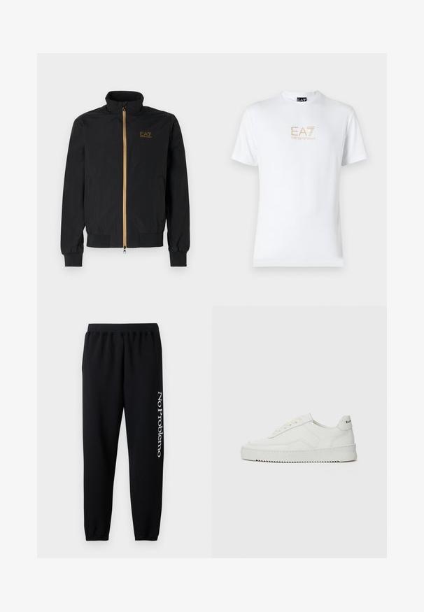 Black bomber jacket made from smooth fabric. Features a high collar, gold zipper, and EA7 logo on the left chest. Elastic cuffs and hem.; White cotton t-shirt featuring a round neckline and short sleeves, with a gold EA7 Emporio Armani logo printed on the front.; Black sweatpants with an elastic waistband, tapered ankles, and white "No Problemo" text printed on the left leg. Soft cotton material.; White leather sneaker with a smooth finish, round toe, flat laces, and a textured sole. Features a subtle logo on the heel.