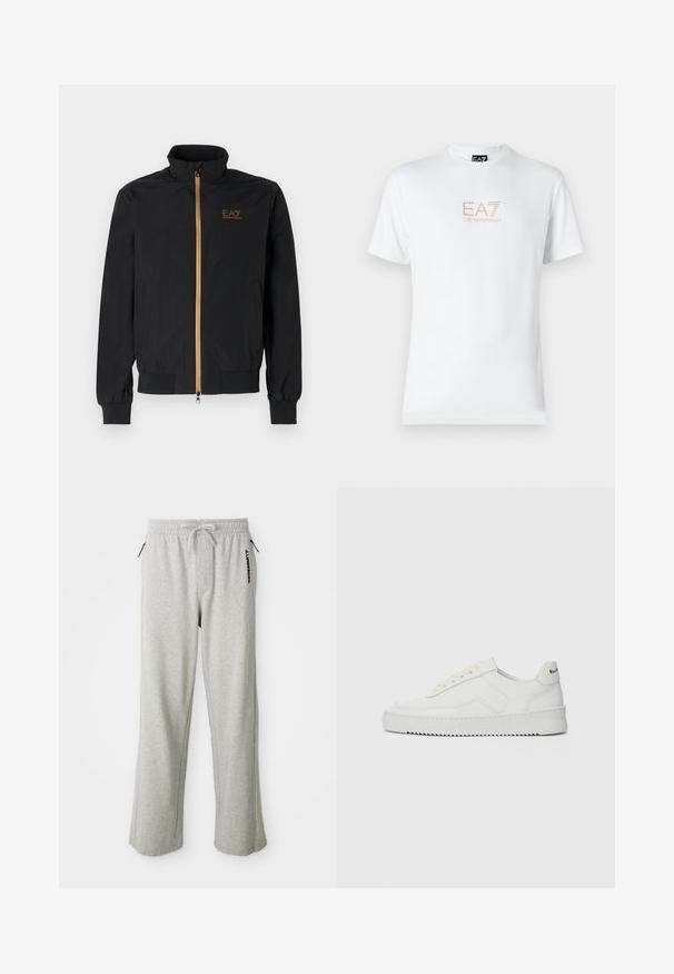 Zwarte bomberjack gemaakt van soepel materiaal. Heeft een hoge kraag, gouden ritssluiting en EA7-logo op de linkerkant van de borst. Elastische cuffs en onderrand.; Witte katoenen t-shirt met een ronde halslijn en korte mouwen, voorzien van een gouden EA7 Emporio Armani-logo op de voorkant.; Grijze sweatpants gemaakt van zachte stof, met een trekkoord in de taille, zijzakken en een bedrukt logo langs het linkerpoot.; Witte leren sneaker met een gladde afwerking, ronde neus, platte veters en een gestructureerde zool. Kenmerkt zich door een subtiel logo op de hiel.