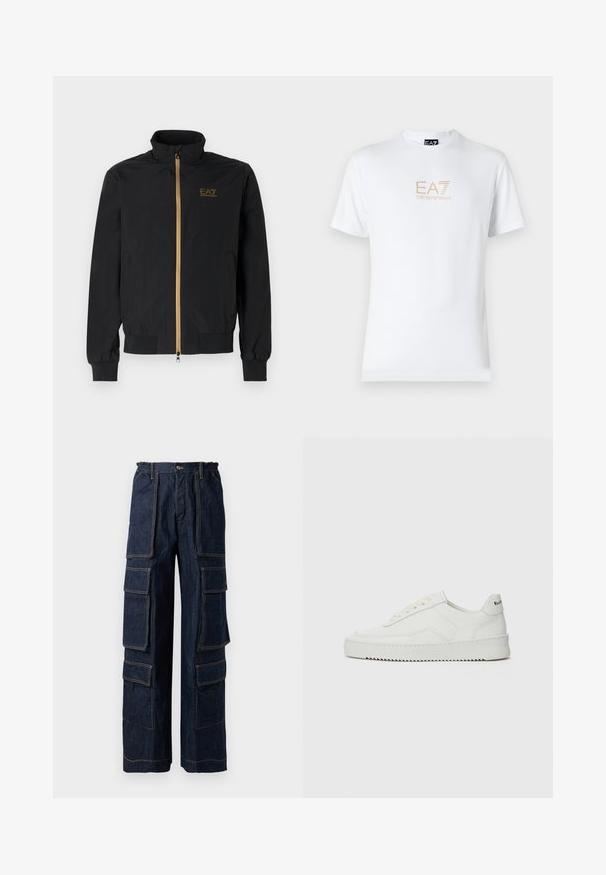 Zwarte bomberjack gemaakt van soepel materiaal. Heeft een hoge kraag, gouden ritssluiting en EA7-logo op de linkerkant van de borst. Elastische cuffs en onderrand.; Witte katoenen t-shirt met een ronde halslijn en korte mouwen, voorzien van een gouden EA7 Emporio Armani-logo op de voorkant.; Marineblauwe denim cargobroek met meerdere grote zakken, elastische tailleband en contrasterende oranje stiksels. Wijde pijpen voor een relaxte pasvorm.; Witte leren sneaker met een gladde afwerking, ronde neus, platte veters en een gestructureerde zool. Kenmerkt zich door een subtiel logo op de hiel.
