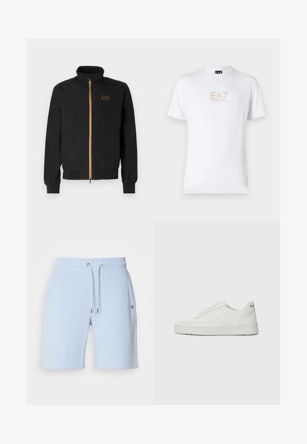Fekete bomber dzseki sima szövetből. Magas gallérral, arany cipzárral és az EA7 logóval a bal mellen. Rugalmas mandzsetták és alj.; Fehér pamut póló, kerek nyakkivágással és rövid ujjakkal, az elején arany EA7 Emporio Armani logóval nyomtatva.; Világoskék, puha anyagból készült rövidnadrág, rugalmas derékkal és húzózsinórral, az elején pedig egy kis logóval.; Fehér bőr sportcipő sima felülettel, kerek orral, lapos fűzőkkel és texturált talppal. Finom logó található a sarokon.