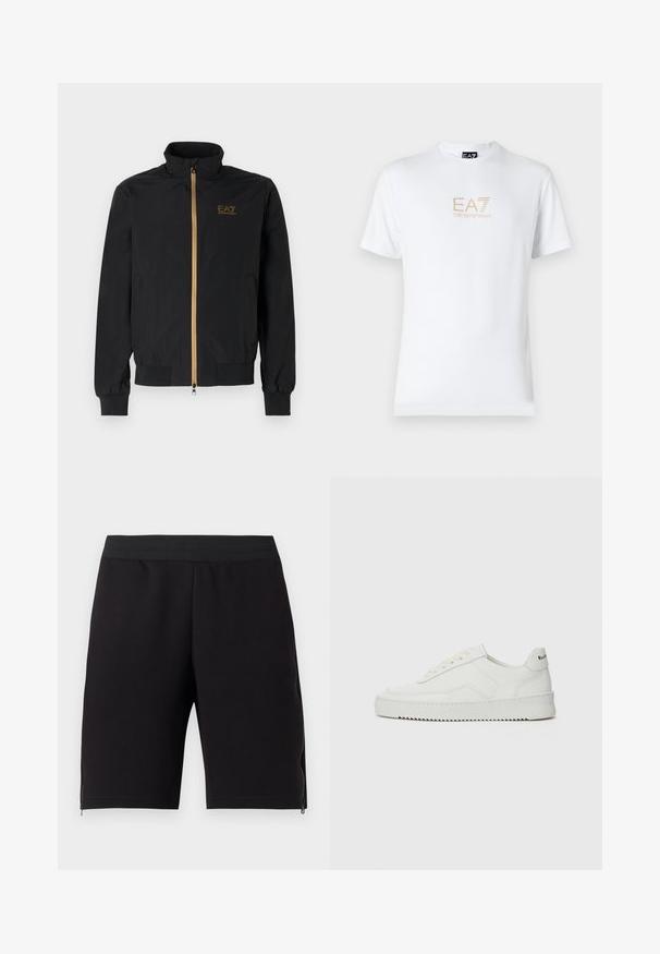 Black bomber jacket made from smooth fabric. Features a high collar, gold zipper, and EA7 logo on the left chest. Elastic cuffs and hem.; White cotton t-shirt featuring a round neckline and short sleeves, with a gold EA7 Emporio Armani logo printed on the front.; Black athletic shorts made of soft fabric, featuring a snug elastic waistband and zippers at the sides for added functionality.; White leather sneaker with a smooth finish, round toe, flat laces, and a textured sole. Features a subtle logo on the heel.