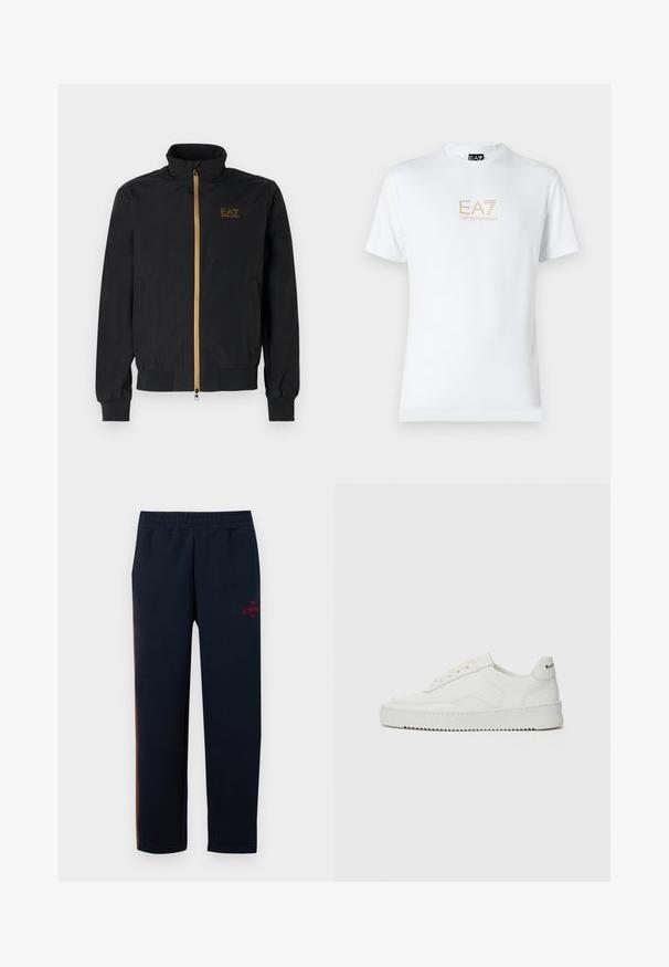 Črna bomber jakna iz gladkega materiala. Ima visok ovratnik, zlat zadrgo in logotip EA7 na levi prsni strani. Elastični manšeti in spodnji rob.; Bela bombažna majica s krožnim izrezom in kratkimi rokavi, s pozlačenim logotipom EA7 Emporio Armani natisnjenim spredaj.; Mornarske trenirke iz mešanice bombaža z elastičnim pasom. Imajo rdeč logotip "Gymnasium" na stegnu in stranski oranžen trak.; Bela usnjena športna obutev z gladko površino, okroglo prst, ravne vezalke in teksturiran podplat. Ima diskretno logo na peti.