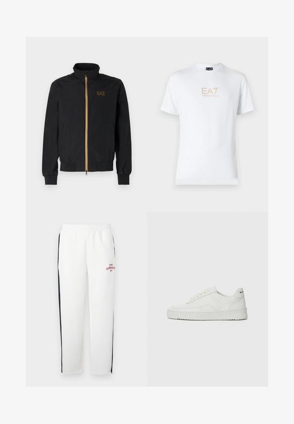 Svart bomberjacka i mjukt tyg. Har en hög krage, gyllene dragkedja och EA7-logotyp på vänster bröst. Elastiska ärmslut och nederkant.; Vit bomull t-shirt med rund halsringning och korta ärmar, med en guld EA7 Emporio Armani-logotyp tryckt på framsidan.; Vita sweatpants med svarta sidostråkar, elastisk midja och röd broderad "MILANO GYMNASIUM"-logotyp på framsidan. Mjuk tygtextur.; Vita lädersneakers med en jämn yta, rund tå, platta snörningar och en strukturerad sula. Har en diskret logotyp på hälen.
