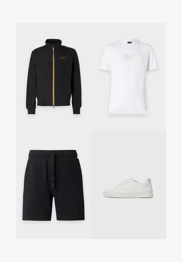 Črna bomber jakna iz gladkega materiala. Ima visok ovratnik, zlat zadrgo in logotip EA7 na levi prsni strani. Elastični manšeti in spodnji rob.; Bela bombažna majica s krožnim izrezom in kratkimi rokavi, s pozlačenim logotipom EA7 Emporio Armani natisnjenim spredaj.; Črne hlače iz mešanice bombaža, z elastičnim pasom in vrvico, dvema stranskima žepoma ter majhnim logotipom.; Bela usnjena športna obutev z gladko površino, okroglo prst, ravne vezalke in teksturiran podplat. Ima diskretno logo na peti.