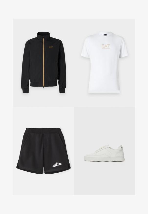 Giacca bomber nera realizzata in tessuto liscio. Presenta un alto colletto, una cerniera dorata e il logo EA7 sul lato sinistro del petto. Polsini e orlo elasticizzati.; T-shirt bianco in cotone con scollatura rotonda e maniche corte, con il logo oro EA7 Emporio Armani stampato sul fronte.; Pantaloni corti sportivi neri realizzati in tessuto morbido con cintura elastica. Presentano tasche laterali e un logo bianco sulla parte anteriore.; Sneaker in pelle bianca con una finitura liscia, punta rotonda, lacci piatti e suola testurizzata. Presenta un logo discreto sul tallone.