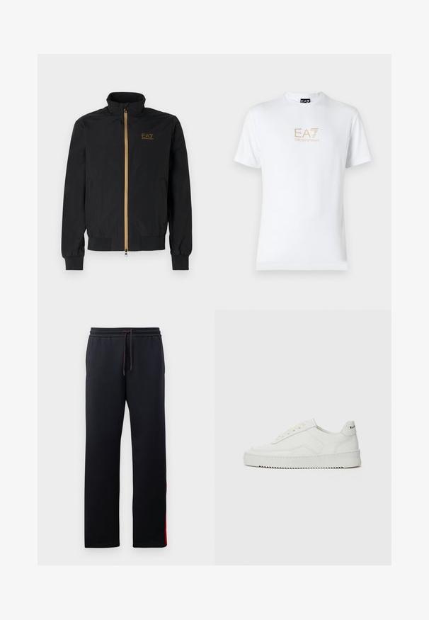 Black bomber jacket made from smooth fabric. Features a high collar, gold zipper, and EA7 logo on the left chest. Elastic cuffs and hem.; White cotton t-shirt featuring a round neckline and short sleeves, with a gold EA7 Emporio Armani logo printed on the front.; Black sweatpants with a drawstring waist, tapered legs, and red accent stripes down the sides. Soft, stretchy fabric with a smooth texture.; White leather sneaker with a smooth finish, round toe, flat laces, and a textured sole. Features a subtle logo on the heel.