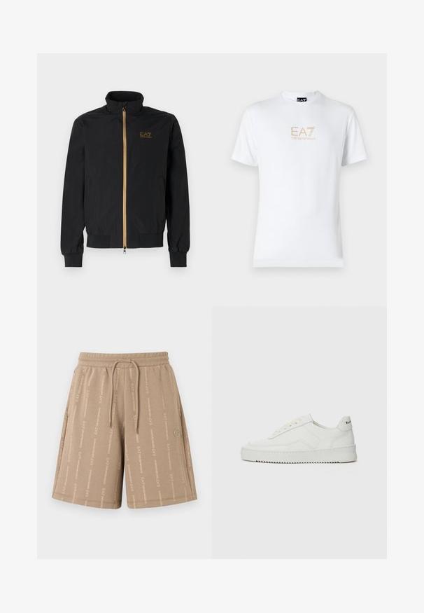 Czarna kurtka bomberka wykonana z gładkiego materiału. Ma wysoki kołnierz, złoty zamek błyskawiczny oraz logo EA7 na lewej piersi. Elastyczne mankiety i dół.; Biała bawełniana koszulka z okrągłym dekoltem i krótkimi rękawami, z nadrukowanym z przodu złotym logo EA7 Emporio Armani.; Szorty khaki ze ściągaczem w pasie, zdobione powtarzającym się wzorem logo w kolorze beżowym. Miękka tkanina o luźnym kroju z bocznymi kieszeniami.; Białe skórzane sneakersy o gładkim wykończeniu, okrągłym nosku, płaskich sznurówkach i teksturowanej podeszwie. Charakteryzują się delikatnym logo na pięcie.