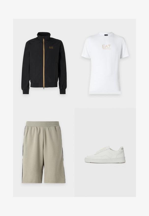 Czarna kurtka bomberka wykonana z gładkiego materiału. Ma wysoki kołnierz, złoty zamek błyskawiczny oraz logo EA7 na lewej piersi. Elastyczne mankiety i dół.; Biała bawełniana koszulka z okrągłym dekoltem i krótkimi rękawami, z nadrukowanym z przodu złotym logo EA7 Emporio Armani.; Jasnoszare, sięgające kolan szorty wykonane z miękkiego materiału, z czarnym paskiem po obu stronach oraz elastycznym paskiem w talii dla wygody.; Białe skórzane sneakersy o gładkim wykończeniu, okrągłym nosku, płaskich sznurówkach i teksturowanej podeszwie. Charakteryzują się delikatnym logo na pięcie.