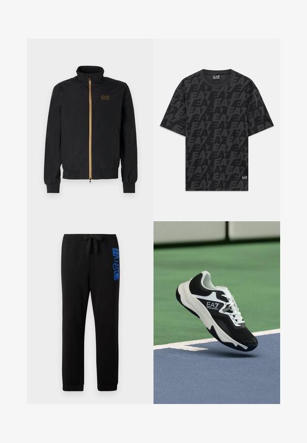 Crna bomber jakna od glatkog materijala. Ima visoki ovratnik, zlatni zip i EA7 logo na lijevoj prednjoj strani. Elastični manžeti i rub.; Crna majica kratkih rukava s okruglim izrezom sa ponavljajućim tamnosivim "EA7" logotipima i malom EA7 Emporio Armani oznakom na rubu.; Crne trenirke od mješavine pamuka, s elastičnim pojasom i vezicom, te plavim logotipom otisnutim na lijevoj nozi.; Crno-bijela tenisica EA7 Emporio Armani koja se nalazi iznad plavih i zelenih linija teniskog terena.