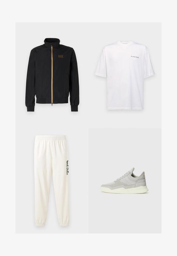 Črna bomber jakna iz gladkega materiala. Ima visok ovratnik, zlat zadrgo in logotip EA7 na levi prsni strani. Elastični manšeti in spodnji rob.; Bela kratka majica s kratkimi rokavi iz bombaža z V-izrezom, ki vsebuje črn logotip "FILLING PIECES" natisnjen na levi strani.; Svetlosivi nedeljni hlače s elastičnim pasom in elastičnimi manšeti. Na levi nogi ima črn natisnjen logotip. Mehka tekstura tkanine.; Sive teniske z mrežasto in semiš površino, gumijastim podplatom in svetlim akcenti. Imajo ukrivljen dizajn in teksturirane panele.