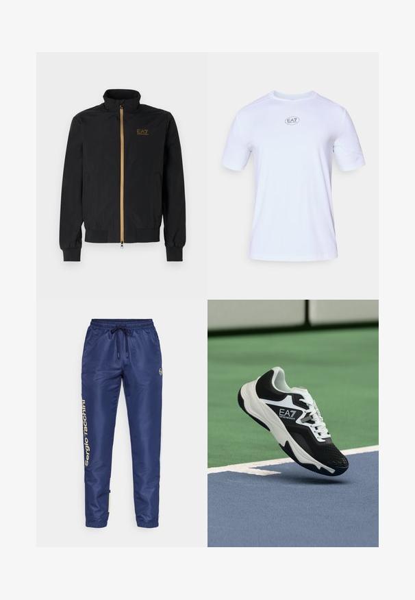 Černá bomber bunda vyrobená z hladké látky. Má vysoký límec, zlatý zip a logo EA7 na levé hrudi. Elastické manžety a lem.; Bílá krátkosrstá sportovní triko vyrobené z lehkého, prodyšného síťovaného materiálu. Obsahuje kulatý výstřih a oblíbené logo EA7 na hrudi.; Námořnické modré teplákové kalhoty s páskem na stažení v pase, elastickými manžetami a zlatým logem na levé straně. Vyrobeny z hladké, lehké tkaniny.; Černobílá teniska EA7 Emporio Armani zavěšená nad modrými a zelenými čarami tenisového kurtu.
