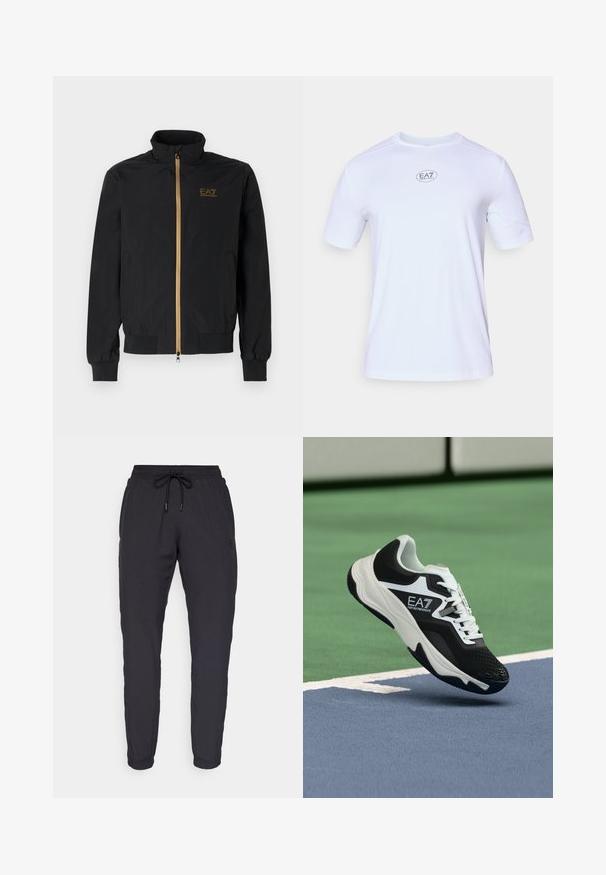 Črna bomber jakna iz gladkega materiala. Ima visok ovratnik, zlat zadrgo in logotip EA7 na levi prsni strani. Elastični manšeti in spodnji rob.; Bela športna majica s kratkimi rokavi, izdelana iz lahkega in zračnega mrežastega materiala. Ima okroglo ovratnico in krožno logo EA7 na prsih.; Črne trenirke z elastičnim pasom, zavezovanjem na vrvico in oprijetimi manšetami. Narejene iz mehke tkanine z minimalističnim dizajnom.; Črno-beli čevelj EA7 Emporio Armani, ki visi nad modrimi in zelenimi linijami teniškega igrišča.