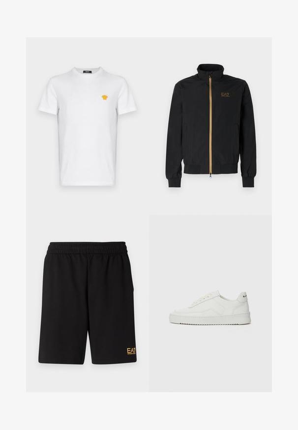 Jachetă bomber neagră confecționată dintr-un material neted. Dispune de un guler înalt, fermoar aurit și logo-ul EA7 pe partea stângă a pieptului. Mansete și tiv elastic.; Tricou alb din bumbac, cu mâneci scurte, având un mic logo galben brodat pe partea stângă a pieptului. Design clasic cu gât rotund.; Shorts atletici negri dintr-un material moale, având o talie elastică și un mic logo galben EA7 pe partea inferioară a piciorului stâng.; Sneakers din piele albă cu un finisaj neted, vârf rotund, șireturi plate și o talpă texturată. Prezintă un logo subtil pe călcâi.