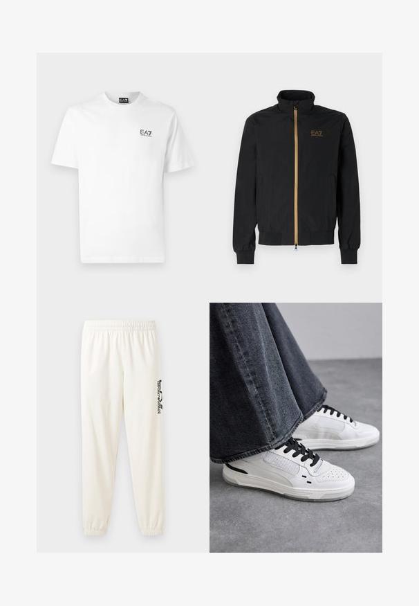 Čierna bomber bunda vyrobená z hladkej látky. Má vysoký golier, zlatý zips a logo EA7 na ľavej hrudi. Elastické manžety a lem.; Biely bavlnený tričko s okrúhlym výstrihom, krátkymi rukávmi a čiernym logom EA7 na ľavej hrudi. Hladká, jednofarebná textúra.; Svetlo béžové tepláky s elastickým pásom a elastickými manžetami. Na ľavej nohe sa nachádza čierny potlačený logo. Mäkká textúra látky.; Biele tenisky s čiernymi šnúrkami a sieťovinou. Majú hladký kožený zvršok a textúrovanú gumovú podrážku. Skombinované so širokými šedými džínsami.