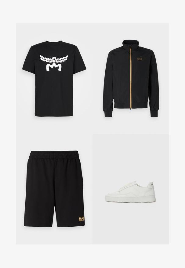 Chaqueta bomber negra hecha de una tela suave. Presenta un cuello alto, cremallera dorada y el logo de EA7 en el lado izquierdo del pecho. Puños y dobladillo elásticos.; Camiseta negra de algodón, con un gran gráfico blanco de una corona de laurel y formas abstractas en el frente. Mangas cortas y cuello redondo.; Pantalones cortos deportivos negros de tejido suave, con una cintura elástica y un pequeño logo amarillo de EA7 en la parte inferior de la pierna izquierda.; Zapatilla de cuero blanca con un acabado suave, puntera redonda, cordones planos y suela texturizada. Cuenta con un sutil logo en el talón.