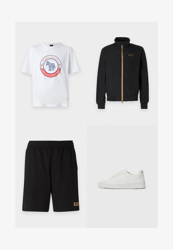 Chaqueta bomber negra hecha de una tela suave. Presenta un cuello alto, cremallera dorada y el logo de EA7 en el lado izquierdo del pecho. Puños y dobladillo elásticos.; Camiseta de algodón blanca con un gráfico circular. El diseño centrado incluye el texto "Paul Smith" y una cebra ilustrada dentro del círculo.; Pantalones cortos deportivos negros de tejido suave, con una cintura elástica y un pequeño logo amarillo de EA7 en la parte inferior de la pierna izquierda.; Zapatilla de cuero blanca con un acabado suave, puntera redonda, cordones planos y suela texturizada. Cuenta con un sutil logo en el talón.