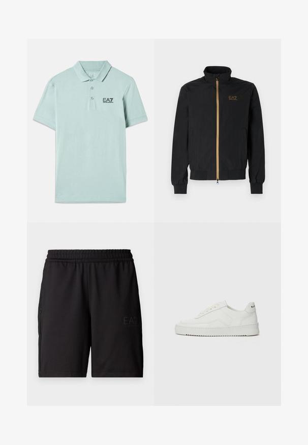 Fekete bomber dzseki sima szövetből. Magas gallérral, arany cipzárral és az EA7 logóval a bal mellen. Rugalmas mandzsetták és alj.; Világos menta zöld pólóing, amely pamutból készült. Gombos gallérral, rövid ujjakkal és fekete hímzett logóval rendelkezik a mellkason.; Fekete sportnadrág könnyű anyagból, rugalmas derékkal és hálós oldalsó panelek. Márkájának logója az elülső részen található.; Fehér bőr sportcipő sima felülettel, kerek orral, lapos fűzőkkel és texturált talppal. Finom logó található a sarokon.