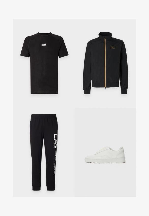 Svart bomberjacka i mjukt tyg. Har en hög krage, gyllene dragkedja och EA7-logotyp på vänster bröst. Elastiska ärmslut och nederkant.; Svart t-shirt med kort ärm, med ett subtilt ton-i-ton-mönster och en liten vit EA7-logotyp på bröstet. Tillverkad av ett lätt och andningsbart tyg.; Svarta sweatshirtbyxor i elastiskt material. Har ett elastiskt midjeband, smalnande cuffs och vit logotyp på vänster ben.; Vita lädersneakers med en jämn yta, rund tå, platta snörningar och en strukturerad sula. Har en diskret logotyp på hälen.