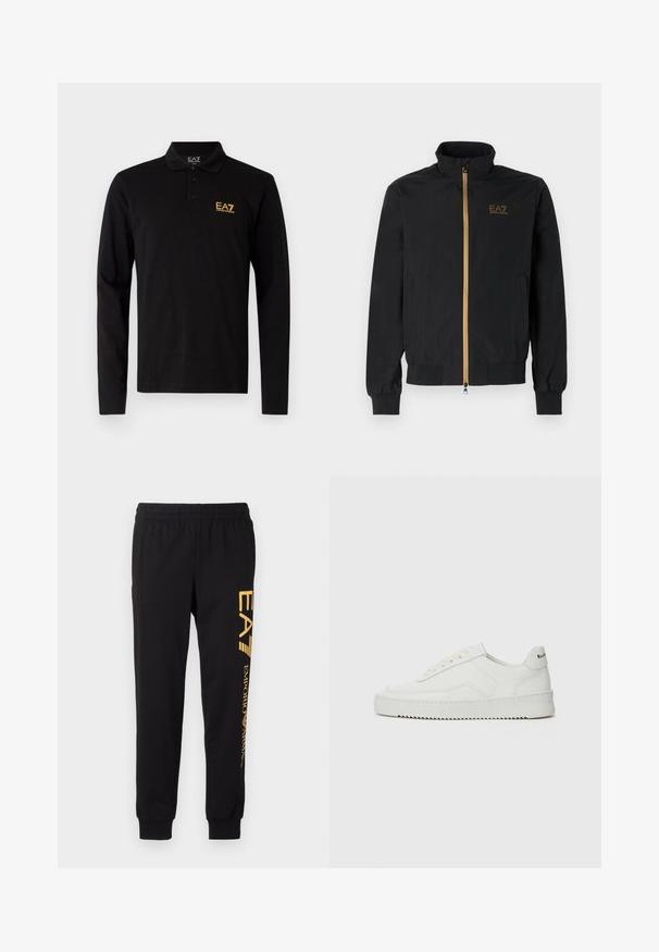 Svart bomberjakke laget av glatt stoff. Har høy krage, gullglidelås og EA7-logo på venstre bryst. Elastiske mansjetter og nederst.; Svart langermet polo skjorte laget av bomull, med tre-knaps placket og en kontrasterende brodert logo i gult på brystet.; Sorte joggebukser laget av myk stoff, med elastisk midje og ribbede ankler. Gul merkevaretrykk vertikalt på venstre bein.; Hvite lærersneakers med en jevn overflate, rund tå, flate lisser og en teksturert såle. Har en subtil logo på hælen.