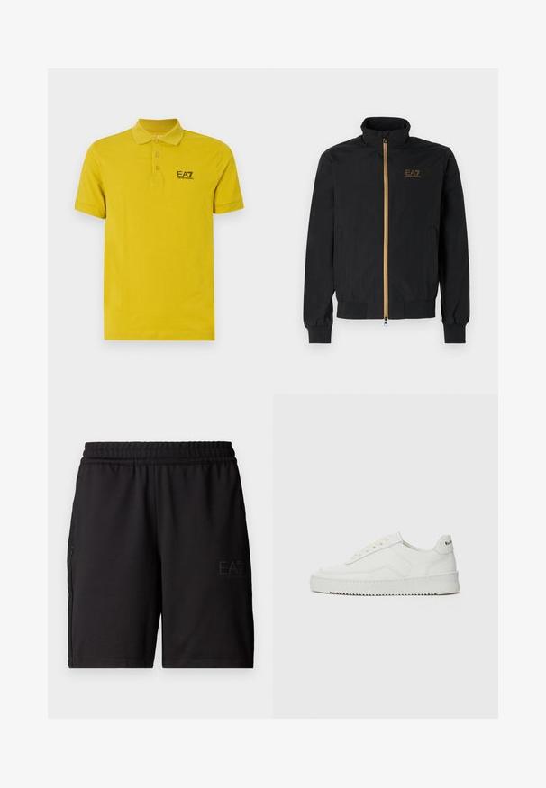 Fekete bomber dzseki sima szövetből. Magas gallérral, arany cipzárral és az EA7 logóval a bal mellen. Rugalmas mandzsetták és alj.; Sárga pólóing puha pamutból, három gombos nyakmegoldással és fekete logóval a bal mellrészen. Rövid ujjú.; Fekete sportnadrág könnyű anyagból, rugalmas derékkal és hálós oldalsó panelek. Márkájának logója az elülső részen található.; Fehér bőr sportcipő sima felülettel, kerek orral, lapos fűzőkkel és texturált talppal. Finom logó található a sarokon.