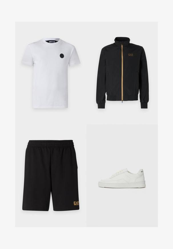 Sort bomberjakke lavet af glat stof. Har en høj krave, guld lynlås og EA7-logo på venstre bryst. Elastiske manchetter og kant.; Hvid bomulds t-shirt med et rundt sort logo på venstre bryst, klassisk rund halsudskæring og korte ærmer. Glat tekstur.; Sorte atletiske shorts lavet af blødt stof, med en elastisk talje og et lille gult EA7-logo nederst på venstre ben.; Hvide lædersneakers med en glat overflade, rund tå, flade snørebånd og en tekstureret sål. Har et diskret logo på hælen.