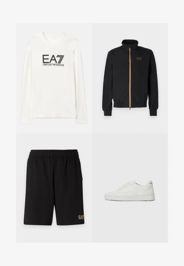 Black bomber jacket made from smooth fabric. Features a high collar, gold zipper, and EA7 logo on the left chest. Elastic cuffs and hem.; Long-sleeve cotton T-shirt in cream with black EA7 Emporio Armani logo text. Round neckline and standard fit with straight hem. Soft texture.; Black athletic shorts made of soft fabric,Featuring an elastic waistband and a small yellow EA7 logo on the lower left leg.; White leather sneaker with a smooth finish, round toe, flat laces, and a textured sole. Features a subtle logo on the heel.
