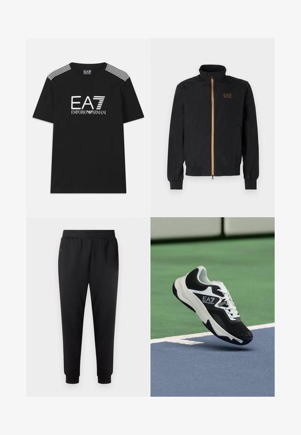 Črna bomber jakna iz gladkega materiala. Ima visok ovratnik, zlat zadrgo in logotip EA7 na levi prsni strani. Elastični manšeti in spodnji rob.; Črna bombažna majica s kratkimi rokavi, ki prikazuje belo EA7 logo in besedilo 'Emporio Armani'. Tri bele črte na ramenskem delu dodatno izboljšajo dizajn.; Črne športne hlače iz lahkega materiala z elastičnim pasom, oženjenimi hlačnicami in stranskimi žepi. Minimalističen dizajn, brez vzorcev.; Črno-beli čevelj EA7 Emporio Armani, ki visi nad modrimi in zelenimi linijami teniškega igrišča.