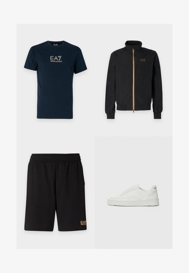 Jachetă bomber neagră confecționată dintr-un material neted. Dispune de un guler înalt, fermoar aurit și logo-ul EA7 pe partea stângă a pieptului. Mansete și tiv elastic.; Tricou din bumbac de culoare bleu marin, cu guler rotund și mâneci scurte; are un logo auriu EA7 Emporio Armani imprimat pe față.; Shorts atletici negri dintr-un material moale, având o talie elastică și un mic logo galben EA7 pe partea inferioară a piciorului stâng.; Sneakers din piele albă cu un finisaj neted, vârf rotund, șireturi plate și o talpă texturată. Prezintă un logo subtil pe călcâi.
