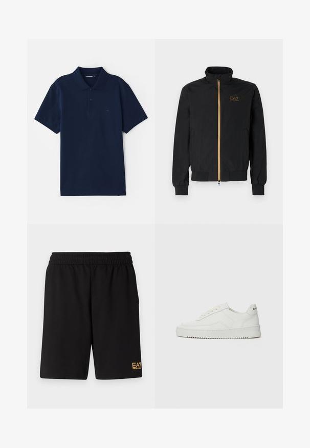 Casaco bomber preto feito de tecido liso. Apresenta um colarinho alto, fecho dourado e o logo EA7 no peito esquerdo. Punhos e barra elásticos.; Polo azul-marinho em mistura de algodão, com colarinho clássico, placket de três botões e mangas curtas. Logótipo discreto no peito.; Calções desportivos pretos feitos de um tecido suave, com um cós elástico e um pequeno logótipo amarelo EA7 na parte inferior da perna esquerda.; Sapatilha de couro branco com acabamento suave, bico redondo, atacadores planos e uma sola texturizada. Apresenta um logotipo discreto no calcanhar.