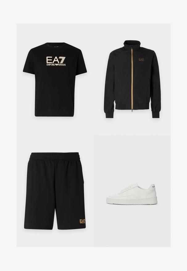 Černá bomber bunda vyrobená z hladké látky. Má vysoký límec, zlatý zip a logo EA7 na levé hrudi. Elastické manžety a lem.; Černé bavlněné tričko s velkým bílým logem "EA7 EMPORIO ARMANI" na přední straně, kulatým výstřihem a krátkými rukávy.; Černé sportovní šortky vyrobené z měkké látky, s elastickým pasem a malým žlutým logem EA7 na dolní části levé nohy.; Bílé kožené tenisky s hladkým povrchem, kulatou špičkou, plochými tkaničkami a texturovanou podrážkou. Na patě se nachází nenápadné logo.