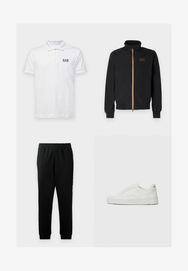 Fekete bomber dzseki sima szövetből. Magas gallérral, arany cipzárral és az EA7 logóval a bal mellen. Rugalmas mandzsetták és alj.; Fehér pólóing, 100% pamutból készült. Klasszikus gallérral rendelkezik, három gomb található rajta, és a bal mellen egy kis fekete EA7 logó van. Rövid ujjú.; Fekete melegítőnadrág elasztikus derékkal, slim fit lábakkal és oldalsó zsebekkel. A bal oldalon merész grafikai részlet található.; Fehér bőr sportcipő sima felülettel, kerek orral, lapos fűzőkkel és texturált talppal. Finom logó található a sarokon.