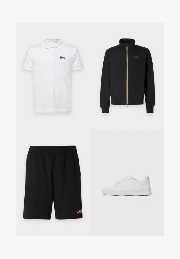 Čierna bomber bunda vyrobená z hladkej látky. Má vysoký golier, zlatý zips a logo EA7 na ľavej hrudi. Elastické manžety a lem.; Biela polo košeľa vyrobená z bavlny. Má klasický golier, tri gombíky a malé čierne logo EA7 na ľavej hrudi. Krátke rukávy.; Čierne športové šortky vyrobené z jemného materiálu, s elastickým pásom a malým žltým logom EA7 na dolnej ľavej nohe.; Biele kožené tenisky s hladkým povrchom, okrúly špičkový dizajn, ploché šnúrky a textúrovaná podrážka. Obsahujú jemné logo na päte.